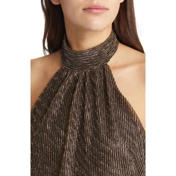 Lulu’s Elegant Dazzle Halter Neck Wide Leg Jumpsuit In Metallic Gold Size XS - Picture 10 of 15